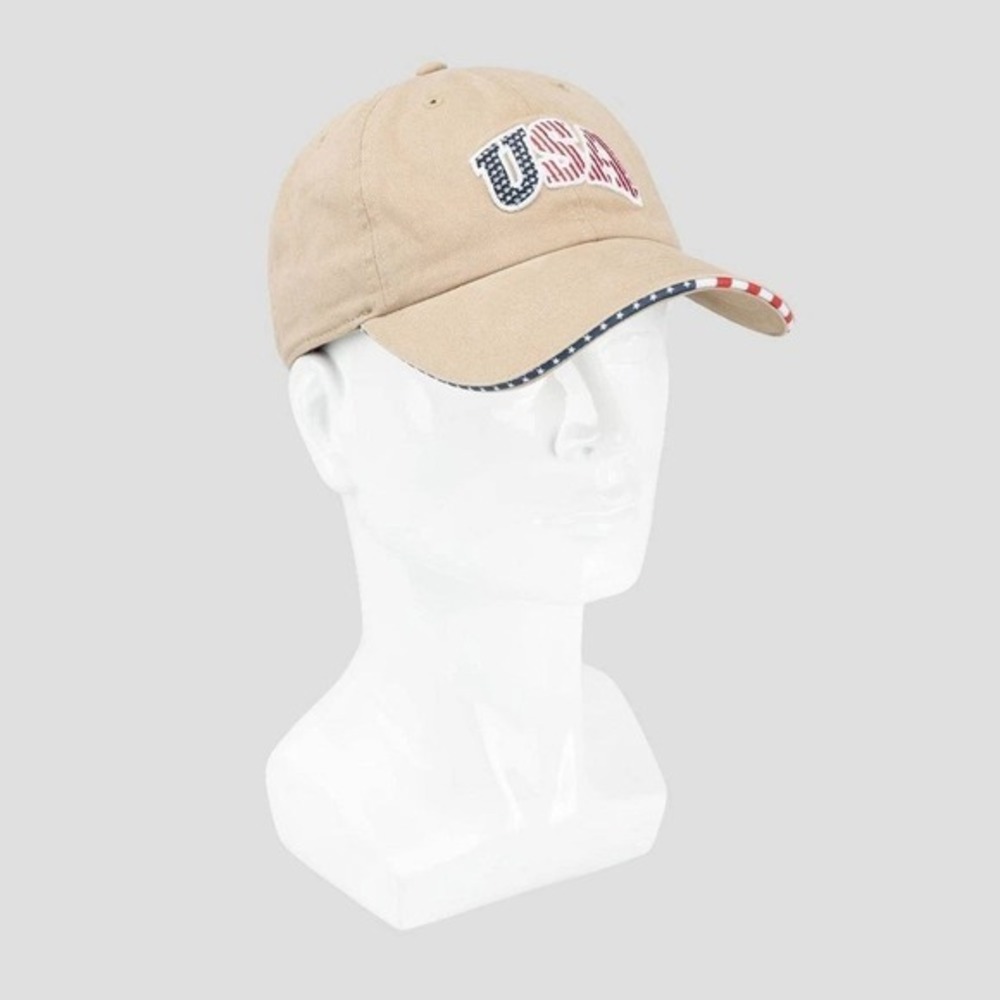 Mens USA Flag Baseball Cap Tan Red White Blue Embroidered‎ Patch Adjustable